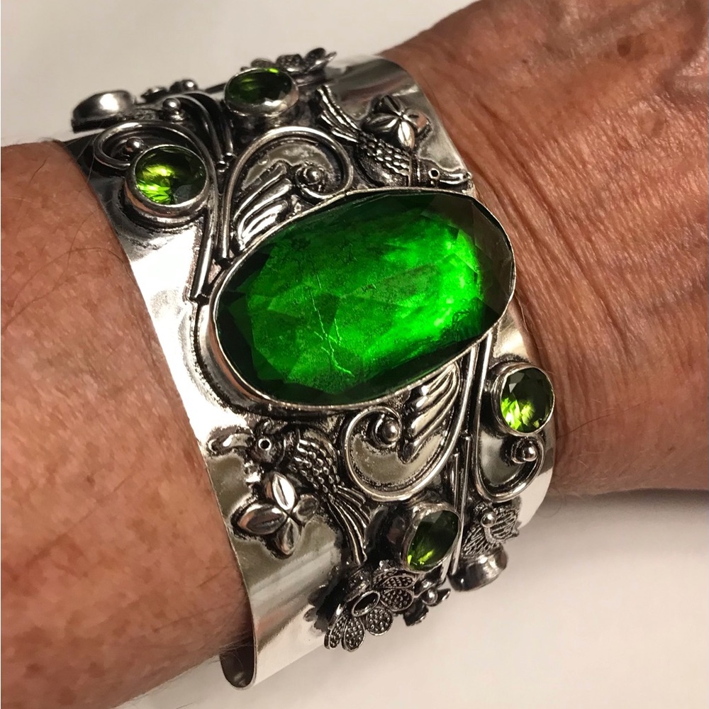 Peridot Stamped Solid 925 Sterling Silver Cuff Bracelet